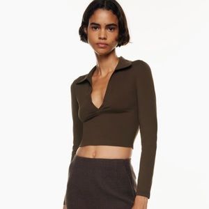 Babaton Aritzia Contour Polo long sleeve Blouse| brown | Size xs